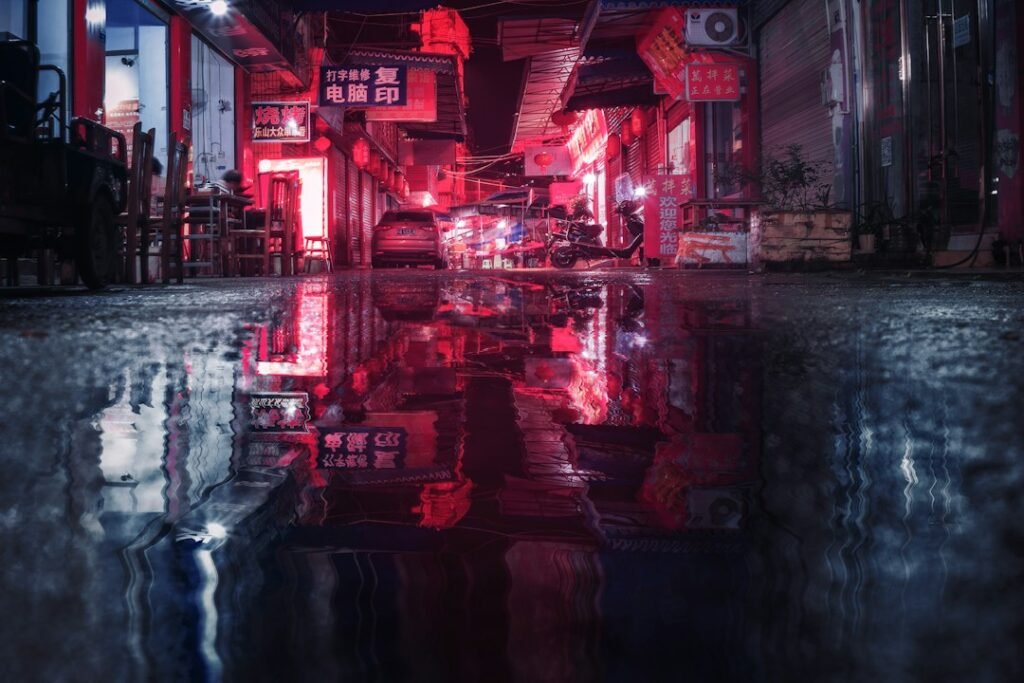 Futuristic Cyberpunk Speeder Hovercraft over Neon Metropolis
