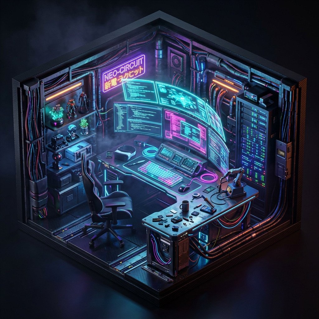 Isometric Cyberpunk Hacker Haven Command Station