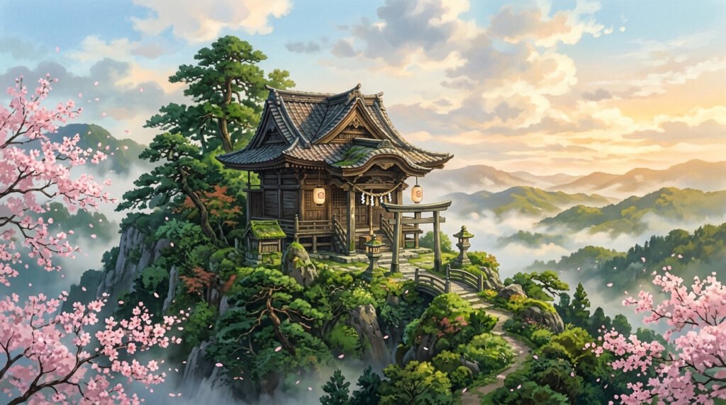Ancient Ghibli Mountain Shrine in Cherry Blossom Mist