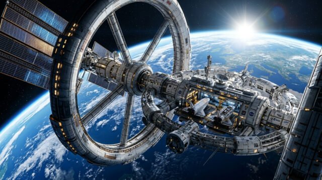Orbital Rotating Wheel Space Station Over Earth Atmosphere